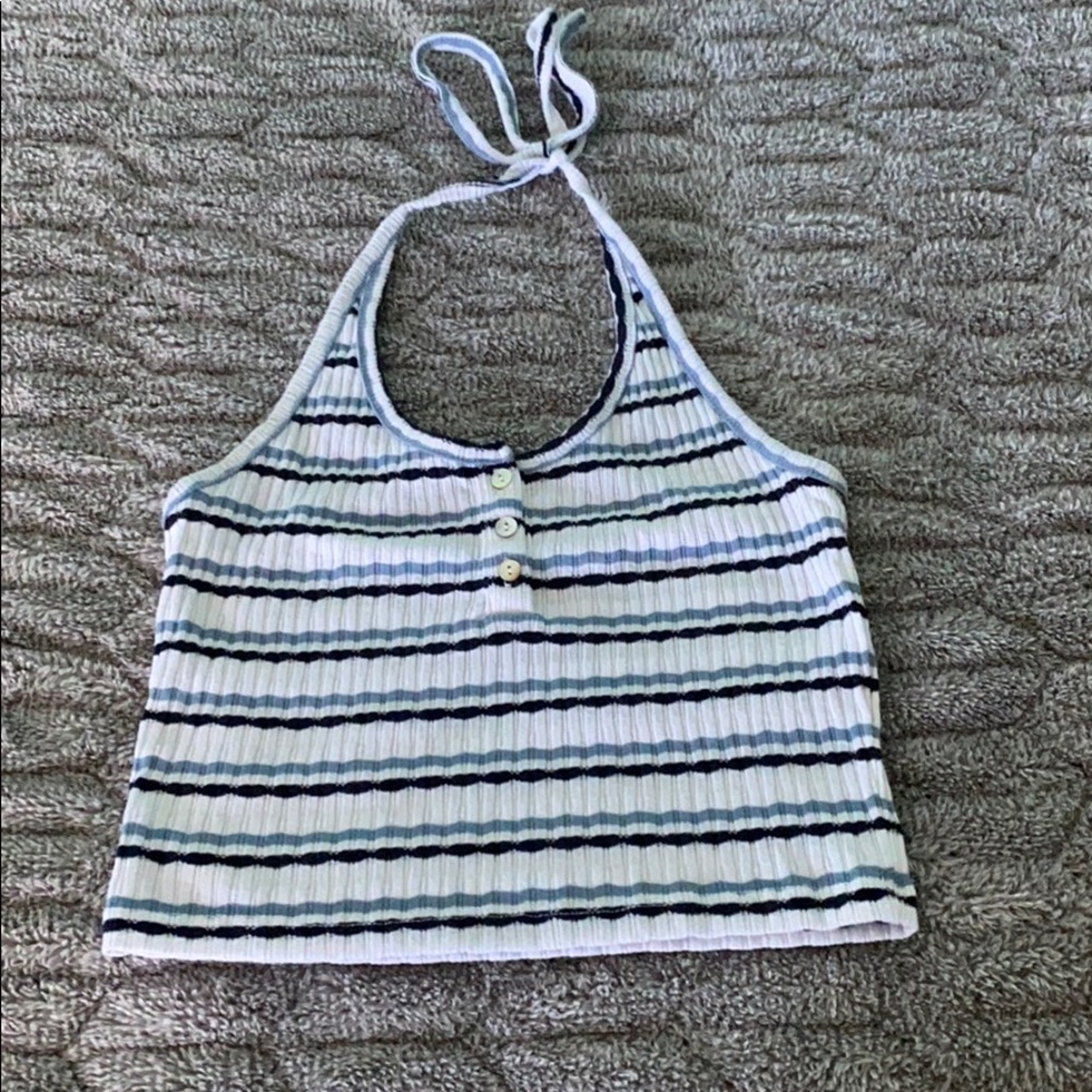 A black and white blue striped crop top.